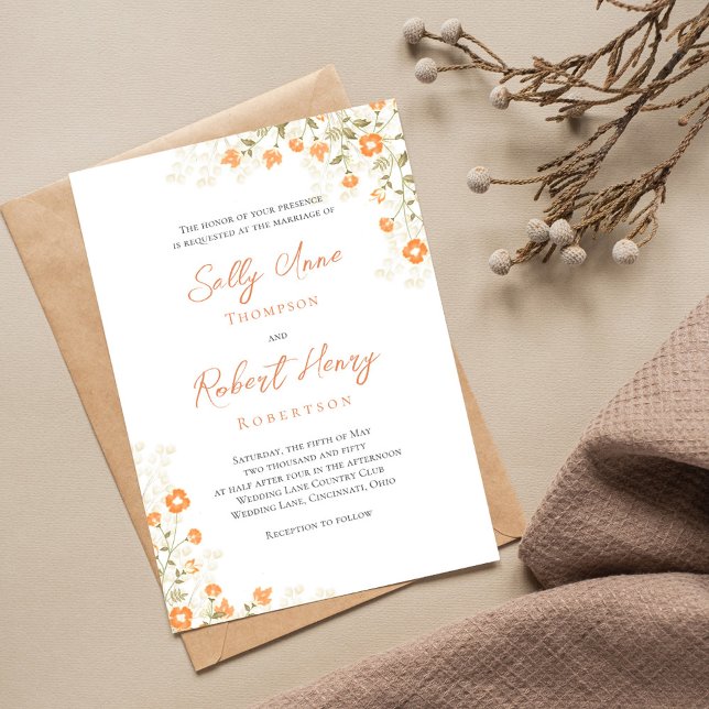 Elegant Wedding Peach Floral Simple Script Invitation (Elegant peach floral wedding invitation with a monogram on the backside. )