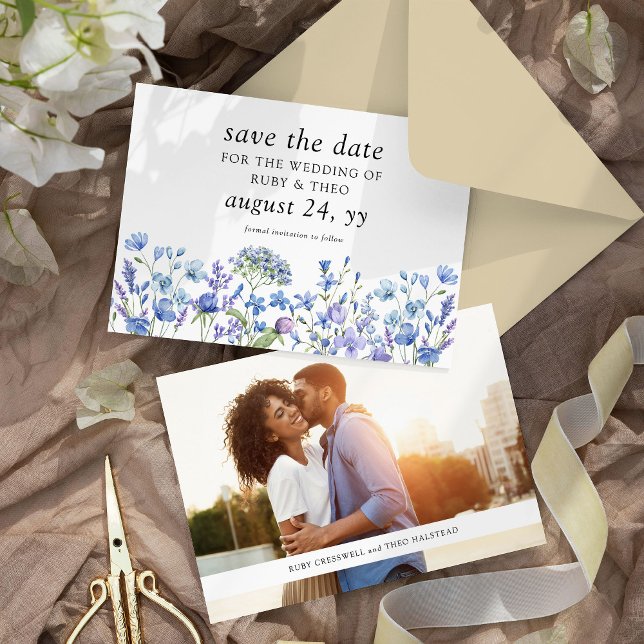 Elegant Wedding Periwinkle Wildflower Photo Save The Date (Photo Wedding Save the Date invitation from my Lilac + Periwinkle Wildflower Wedding Collection)