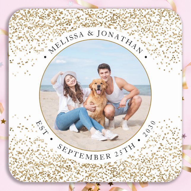 Elegant Wedding Personalised Gold Glitter Photo Square Paper Coaster (Creator Uploaded)