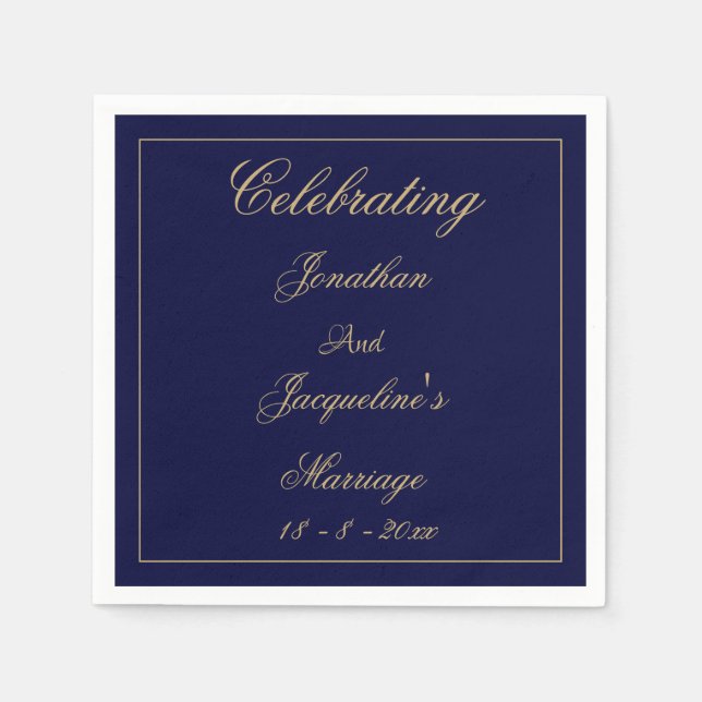 Elegant Wedding Personalised Navy Blue Gold Paper Napkin (Front)