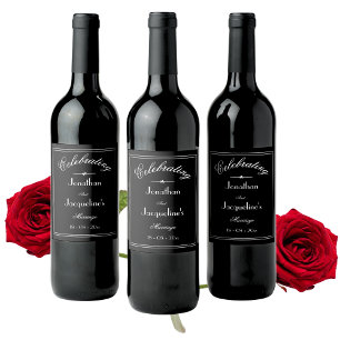 Elegant Wedding Personalized Names Chic B & W Wine Label