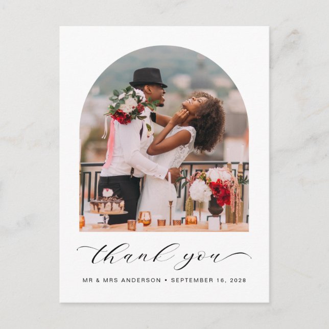 Elegant Wedding Photo Arched Frame Thank You Postcard (Front)