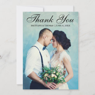 Elegant Wedding Photo Black Script Thank You Card