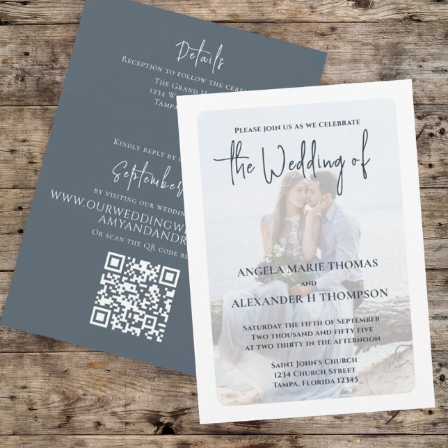 Elegant Wedding Photo Blue Script Invitation (Creator Uploaded)