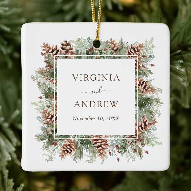 Elegant Wedding Photo Ceramic Ornament (Elegant Forest Theme Wedding Photo Holiday Ceramic Ornament by Painted Paperie
)