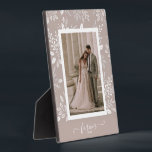 Elegant Wedding Photo Frameless Picture  Easel Plaque<br><div class="desc">Tabletop plaque with a built-in easel features your favourite photo surrounded with a beautiful border of white foliage, dots and berries on a pale pink taupe background. CHANGE the background colour to MATCH your photo. CHANGE the FOREVER text to anything - TIP: put your text between the two squares to...</div>