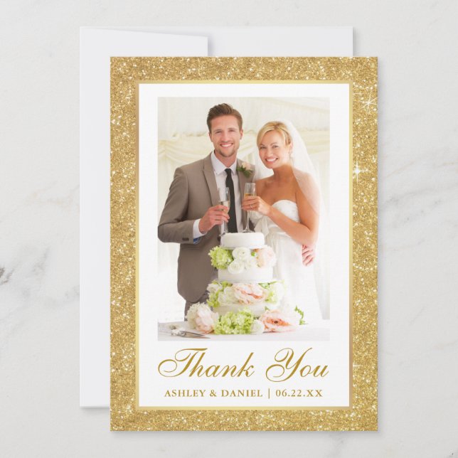Elegant Wedding Photo Gold Glitter Frame Thank You Card (Front)