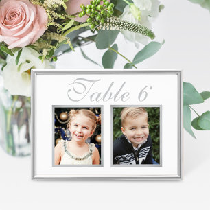 Elegant Wedding Photo Silver White Table Number
