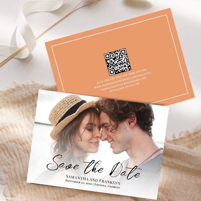 Elegant Wedding Photo Simple Peach Save The Date (Wedding save the date photo card with peach background. )