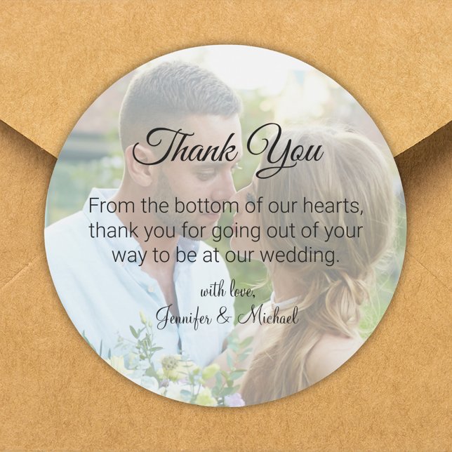 elegant wedding  photo thank you  classic round sticker (Creator Uploaded)