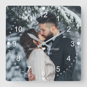 elegant wedding photo white classic numbers square wall clock