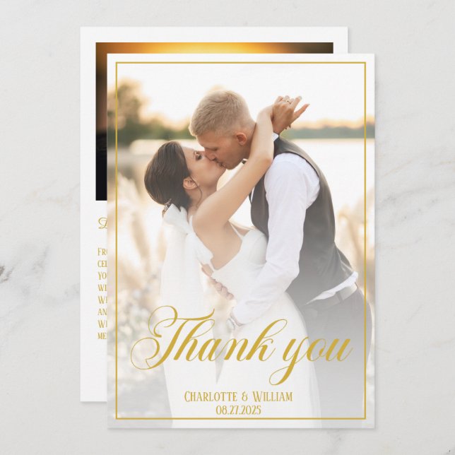 Elegant Wedding Photos Gold Script Thank You Card (Front/Back)