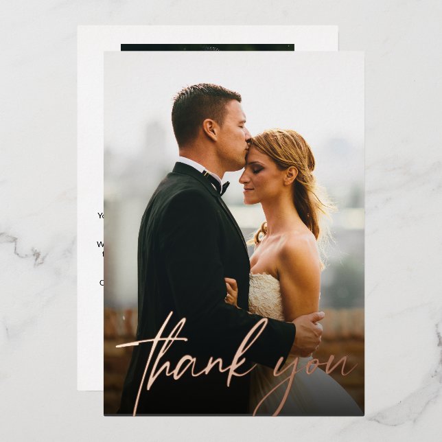 Elegant Wedding Photos Modern script Rose gold Foil Holiday Card (Front/Back)