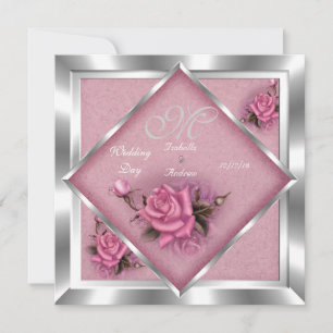 Elegant Wedding Pink Rose Silver Bouquet Invitation