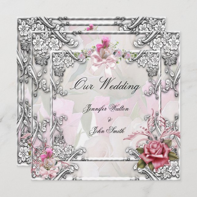 Elegant Wedding Pink Rose Silver White Invitation (Front/Back)