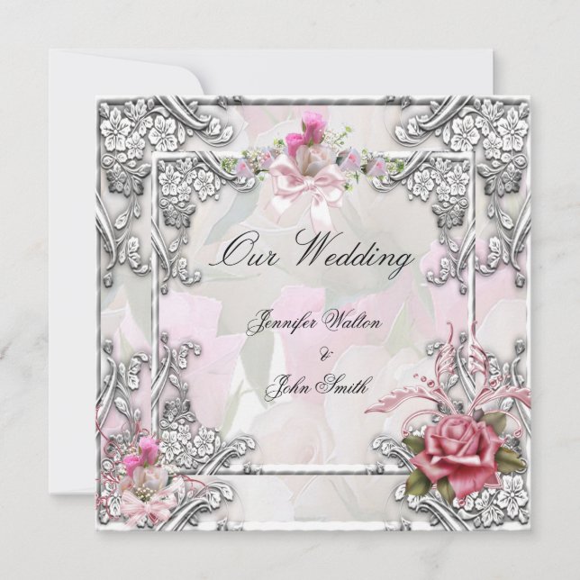 Elegant Wedding Pink Rose Silver White Invitation (Front)