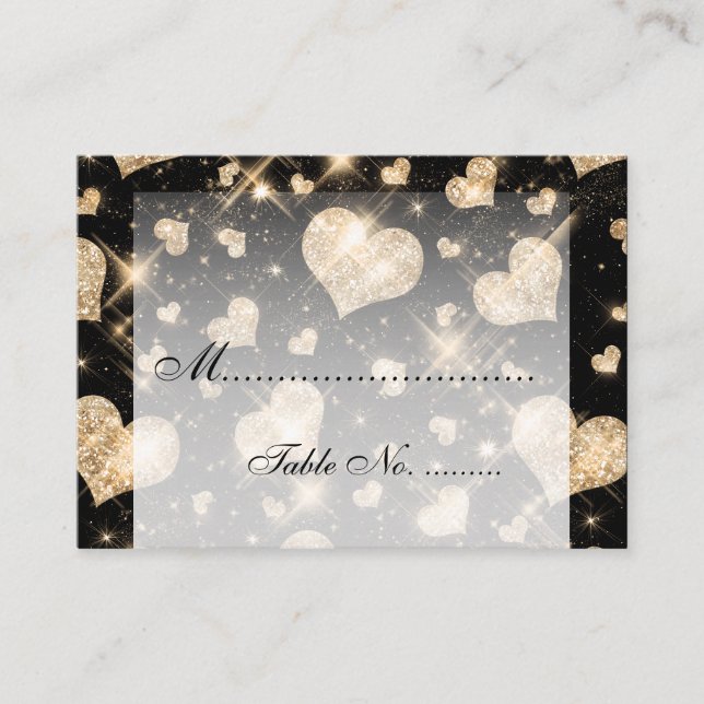 Elegant Wedding Placecards Gold Glitter Hearts (Front)