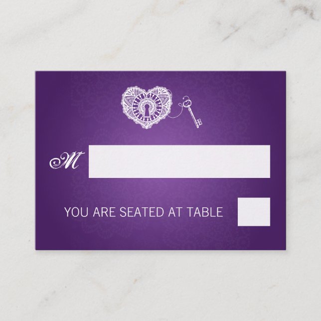 Elegant Wedding Placecards Key To My Heart Purple (Front)