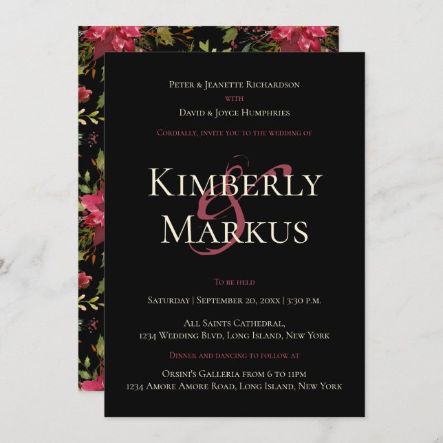 Elegant Wedding Poinsettia Monogram Claret Red Invitation (Front/Back)