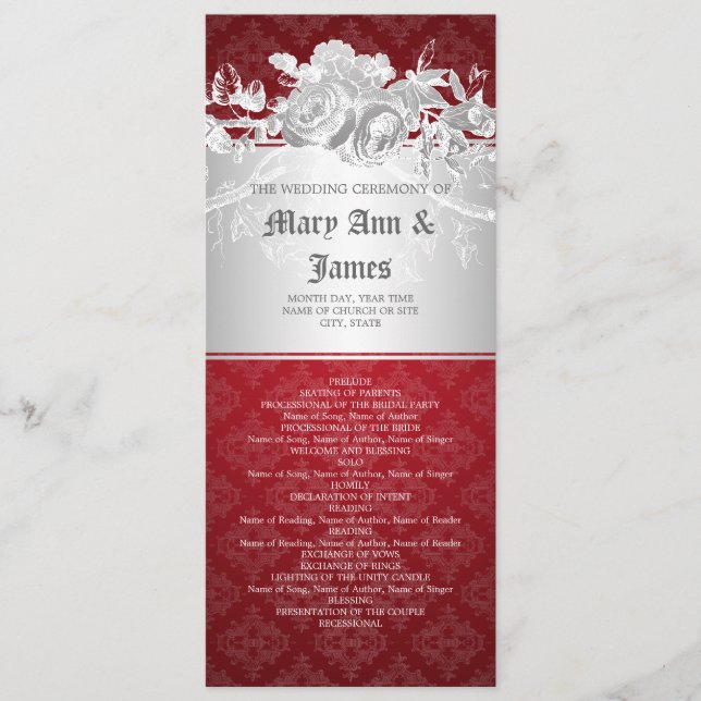 Elegant Wedding Program Baroque Flourish Red (Front)