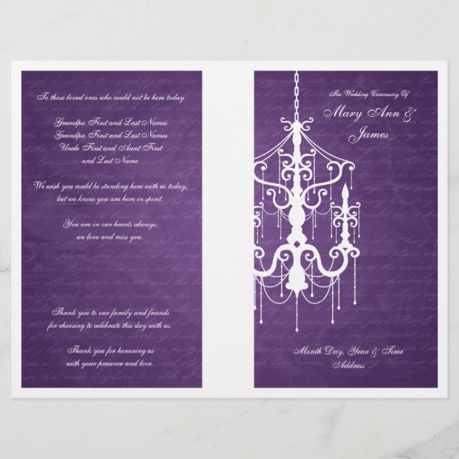 Elegant Wedding Program Chandelier Purple (Front)