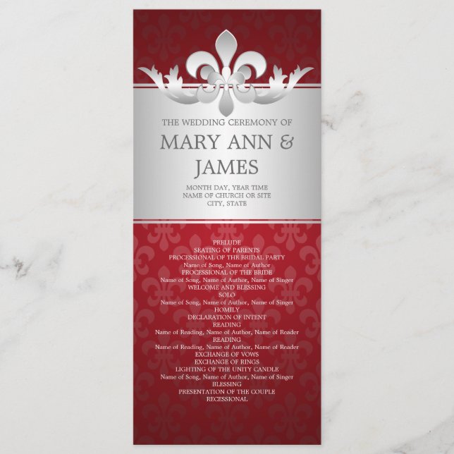 Elegant Wedding Program Fleur De Lis Red (Front)