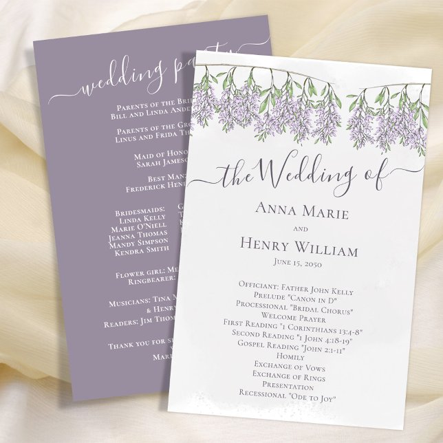 Elegant Wedding Program Floral Lilac (The simple calligraphy script program with lavender wisteria.)