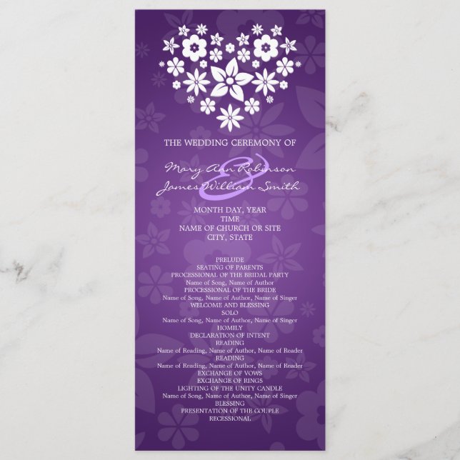 Elegant Wedding Program Flowery Heart Purple (Front)
