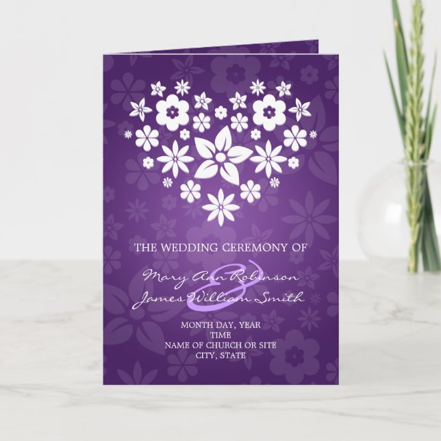 Elegant Wedding Program Flowery Heart Purple (Front)