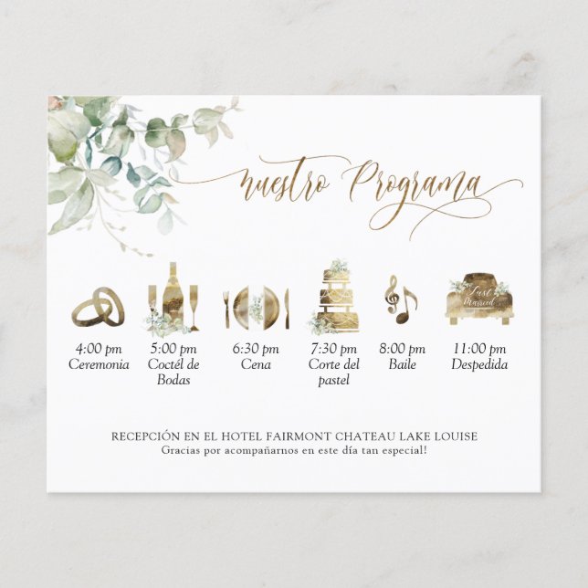 Elegant Wedding Program in Spanish with Greenery (Front)