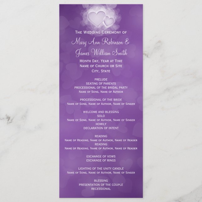 Elegant Wedding Program Modern Hearts Purple (Front)