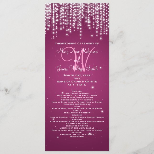 Elegant Wedding Program Night Dazzle Berry Pink (Front)