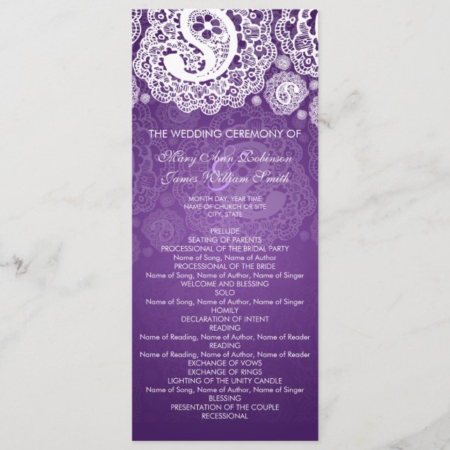Elegant Wedding Program Paisley Lace Purple (Front)