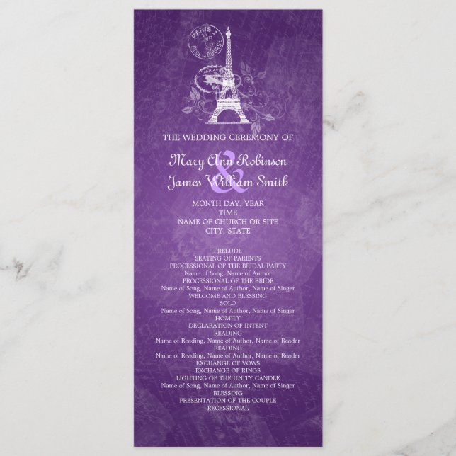 Elegant Wedding Program Romantic Paris Purple (Front)