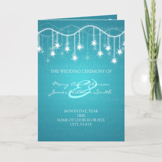 Elegant Wedding Program Shimmering Stars Blue (Front)