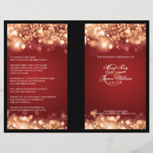 Elegant Wedding Program Sparkling Lights Gold (Front)