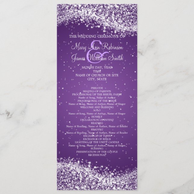Elegant Wedding Program Sparkling Wave Purple (Front)