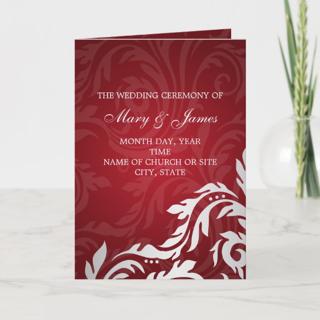 Elegant Wedding Program Swirly Flourish Red (Front)