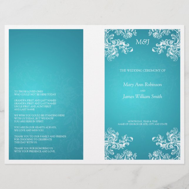 Elegant Wedding Program Vintage Swirls 2 Turquoise (Front)
