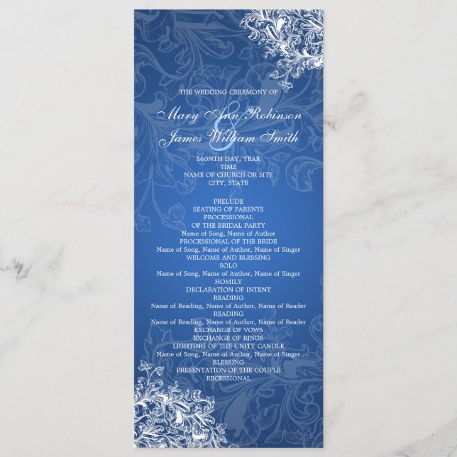 Elegant Wedding Program Vintage Swirls Blue (Front)
