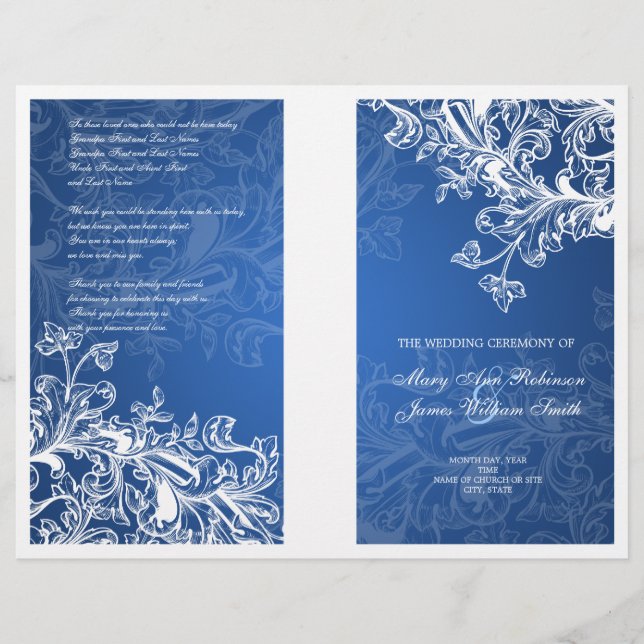 Elegant Wedding Program Vintage Swirls Blue (Front)