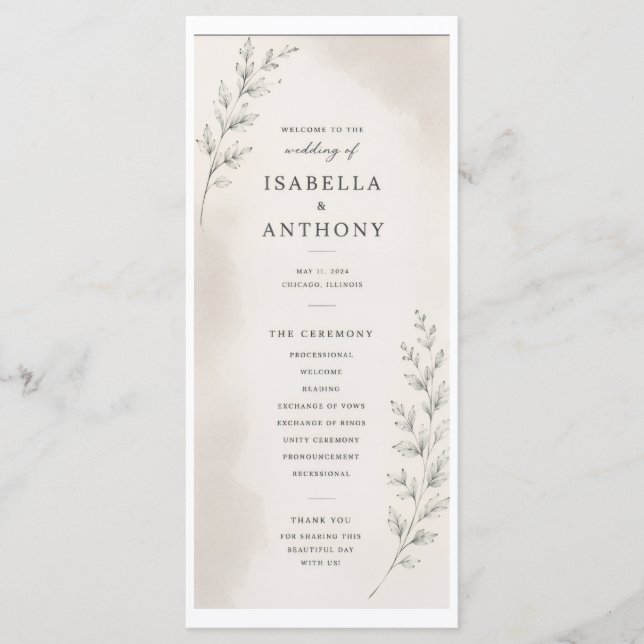 Elegant Wedding Program with Leaves (Front)