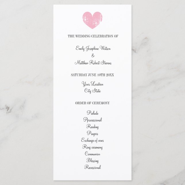 Elegant wedding program with rustic pink heart (Front)