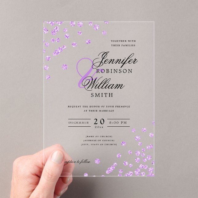 Elegant Wedding Purple Glitter Confetti Themed  Acrylic Invitations (Insitu (Handheld))