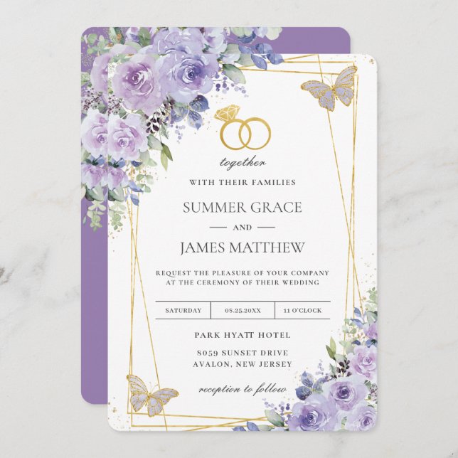 Elegant Wedding Purple Lilac Floral Butterflies Invitation (Front/Back)