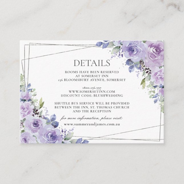 Elegant Wedding Purple Lilac Floral Silver Details Enclosure Card (Front)