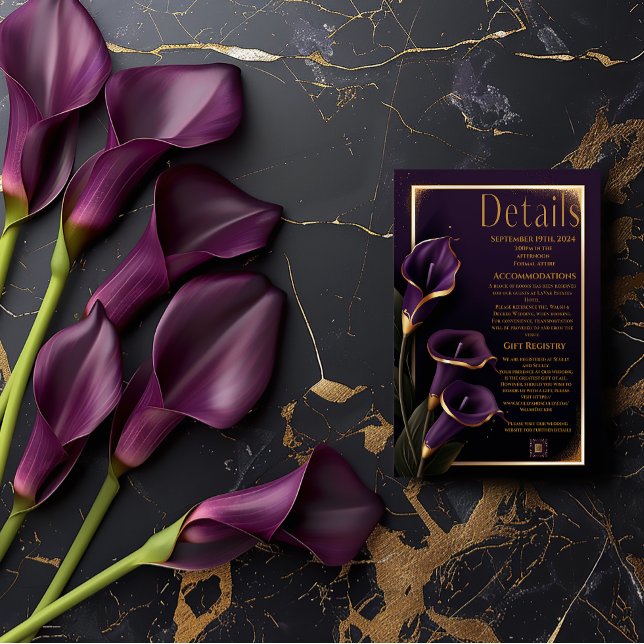 Elegant Wedding Purple Lilies Script Details Card (Stunning Royal Purple and Gold Wedding Details Enclosure Card)