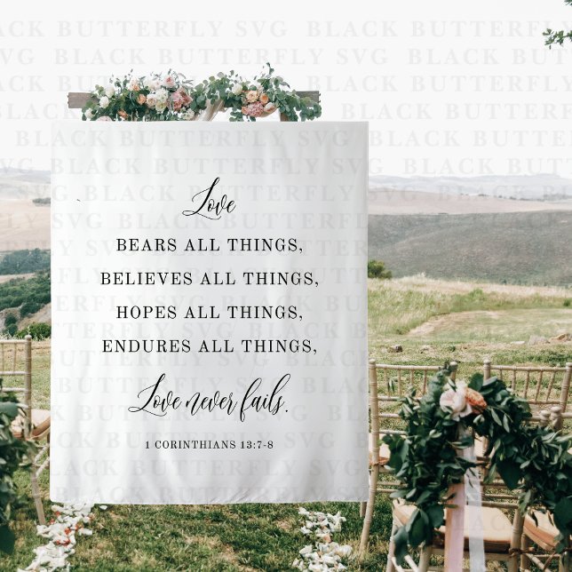 Elegant Wedding Quote Backdrop Banner  Tapestry (Love Never Fails Wedding Backdrop Banner)