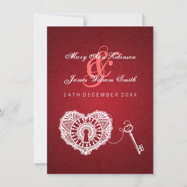 Elegant Wedding Reception Key To My Heart Red Invitation (Front)