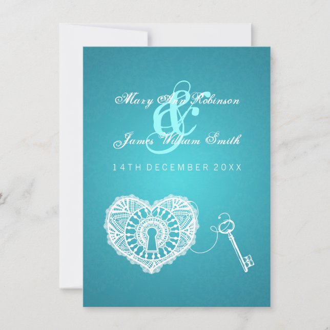 Elegant Wedding Reception Key To My Heart Turquois Invitation (Front)